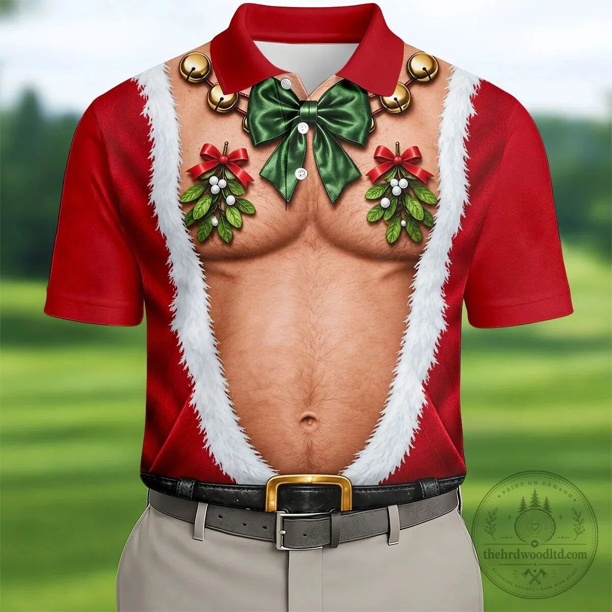 Funny Santa Bare Belly Christmas Mistletoe Bells Holiday Polo Shirt