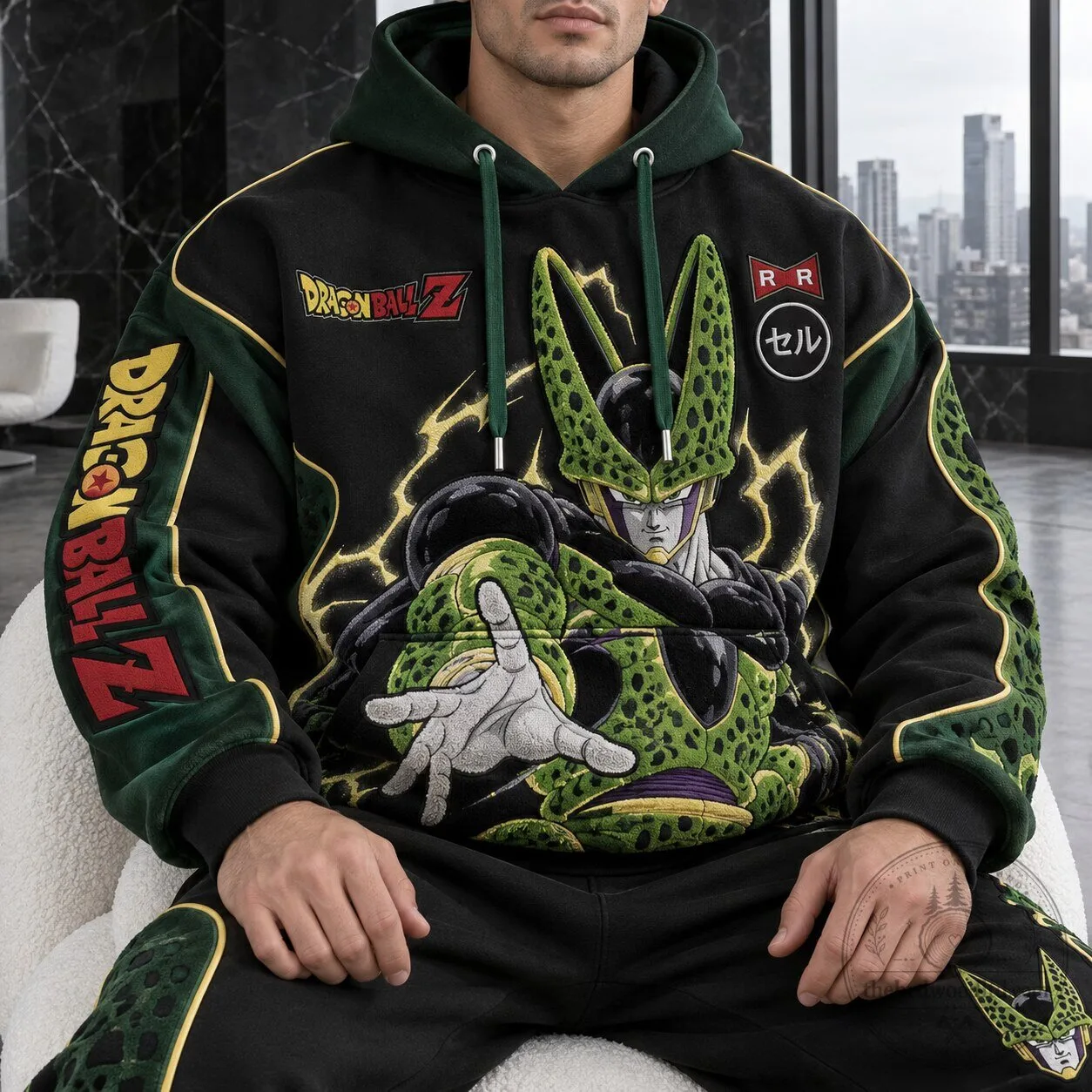 Dragon Ball Z Cell Saga Perfect Cell Anime Embroidered Oversized Hoodie