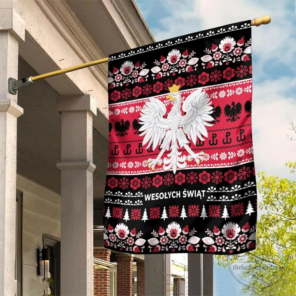 Polish Merry Christmas Garden Flag with Lachy Sadeckie Folk Art Pattern