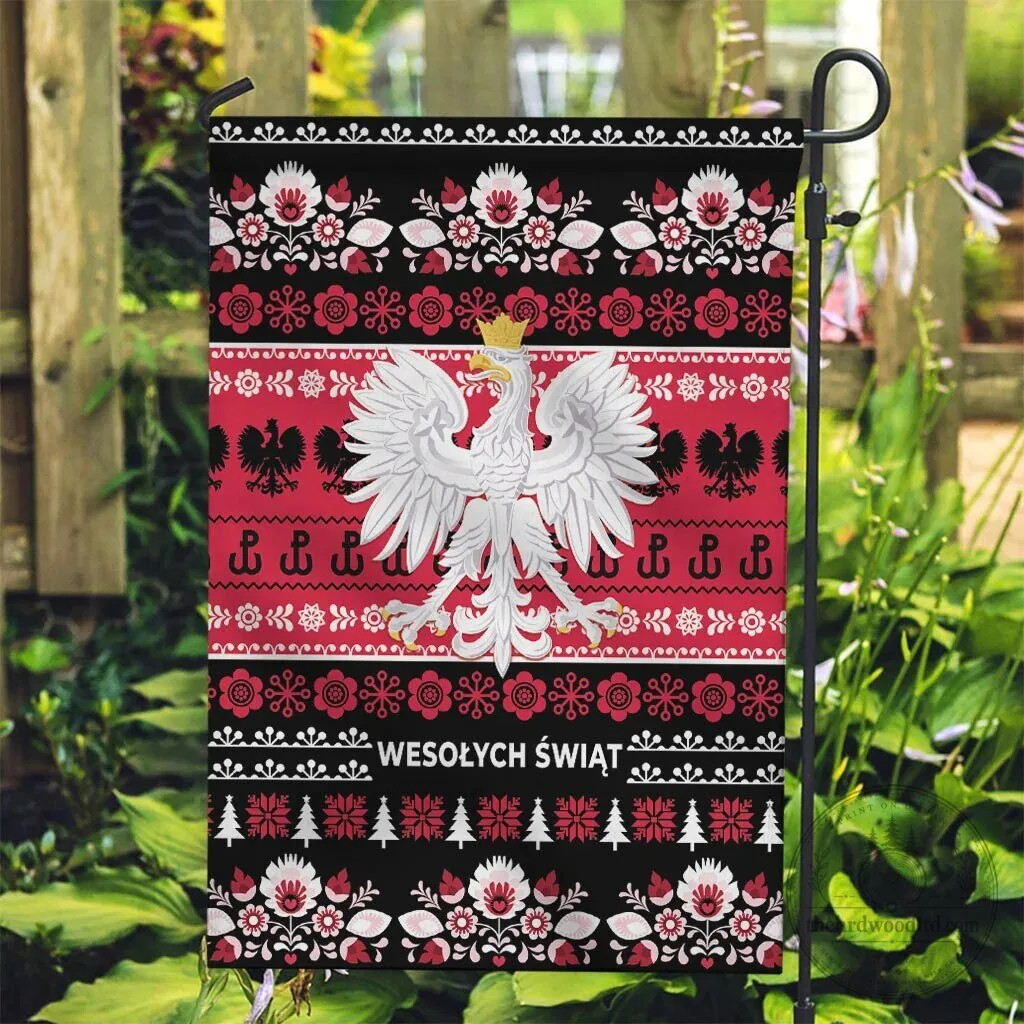 Polish Merry Christmas Garden Flag with Lachy Sadeckie Folk Art Pattern 8 Polish Merry Christmas Garden Flag with Lachy Sadeckie Folk Art Pattern