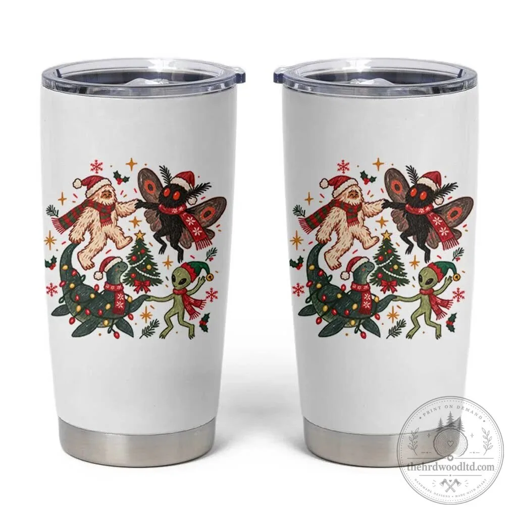 Christmas Cryptid Dancing Bigfoot Mothman Nessie Alien Holiday Vintage Folk Art Tumbler