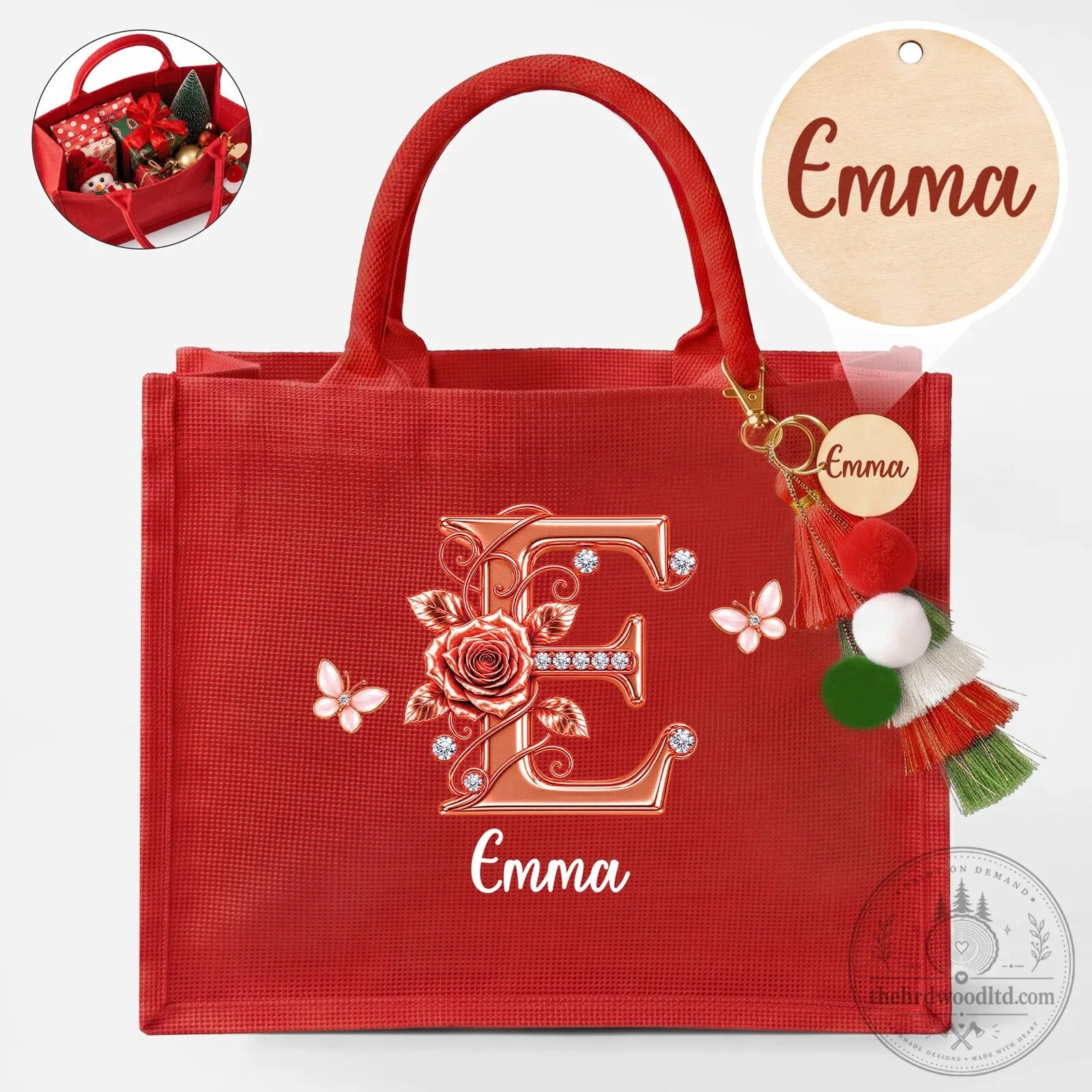 Personalized Red Initial E Tote Bag with Emma Name Charm and Pom Poms
