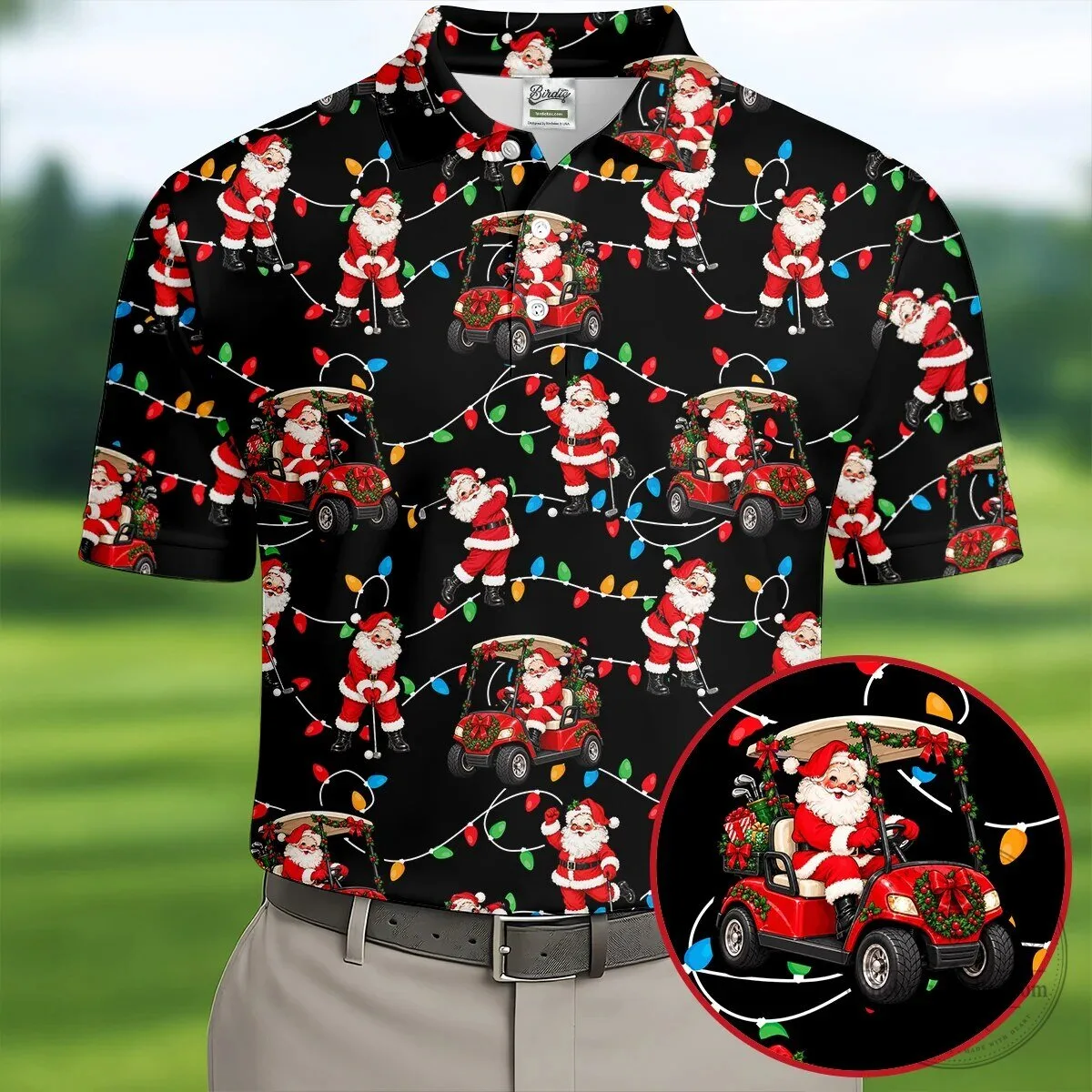Funny Santa Claus Golf Cart Christmas Lights Pattern Men's Polo Shirt