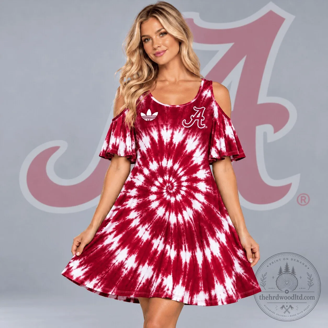 Alabama Crimson Tide Tie Dye Cold Shoulder Dress for Women 1 Alabama Crimson Tide Tie Dye Cold Shoulder Dress for Women