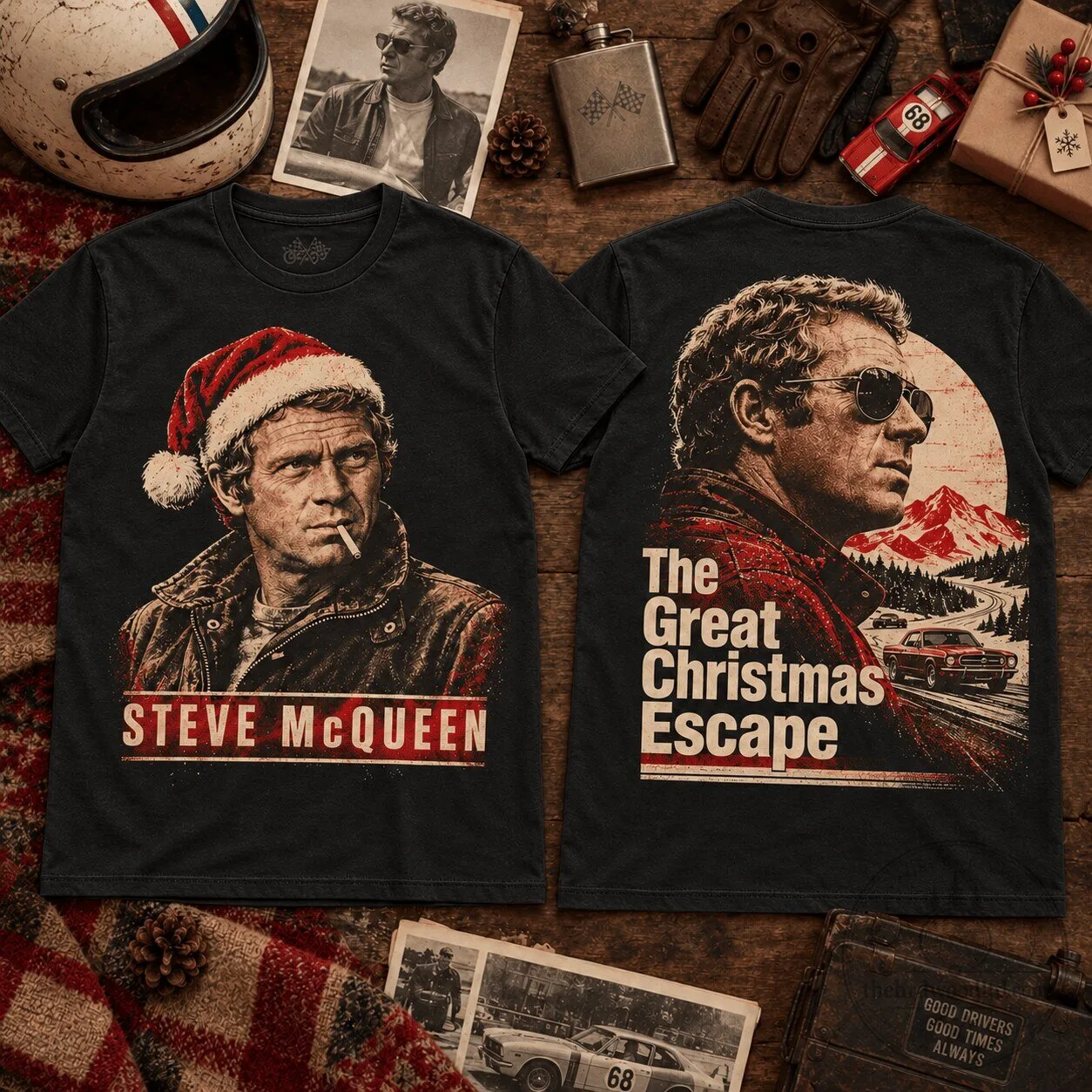 Steve McQueen The Great Christmas Escape Christmas Santa Hat T-Shirt