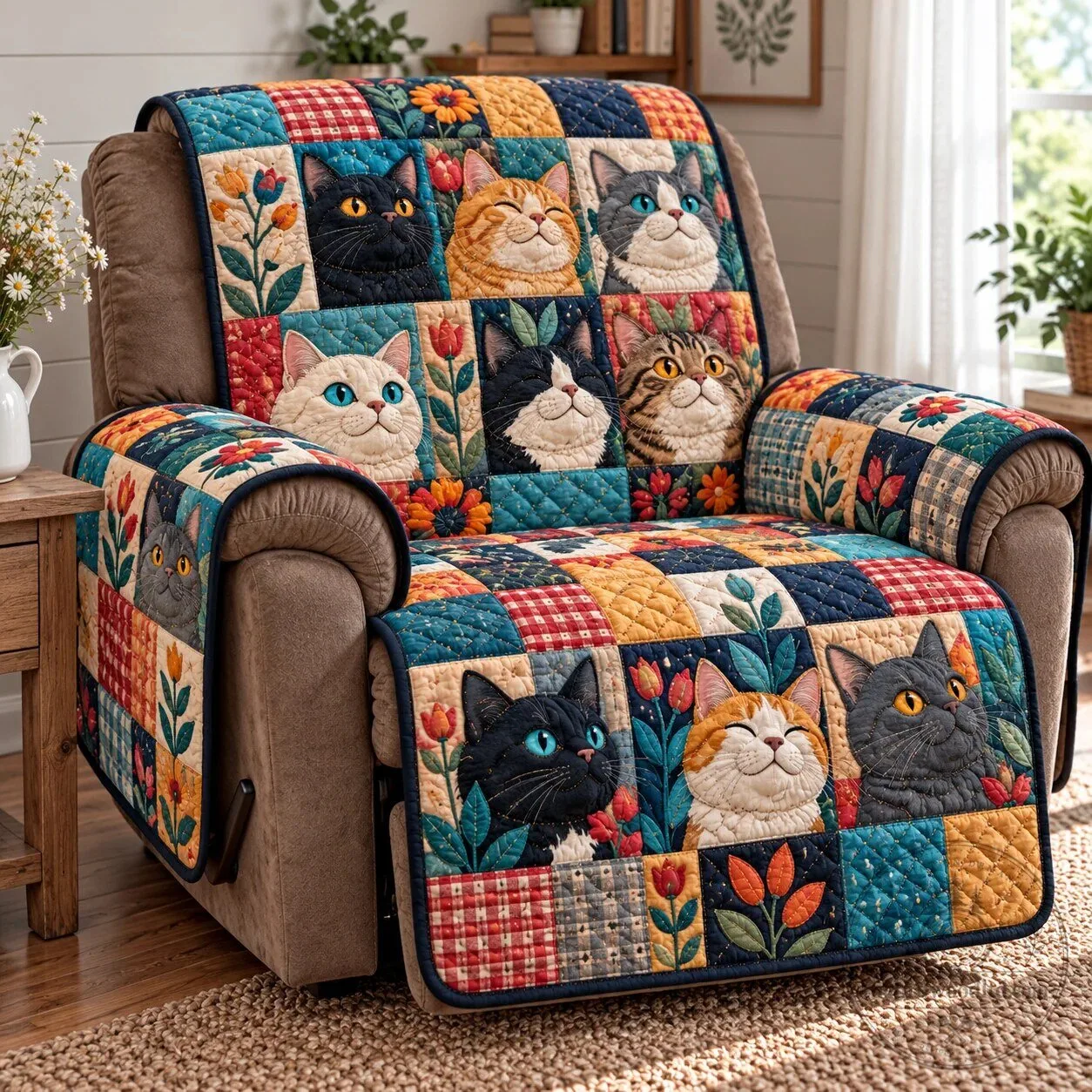 Cute Cats Patchwork Quilted Recliner Chair Cover Sofa Protector