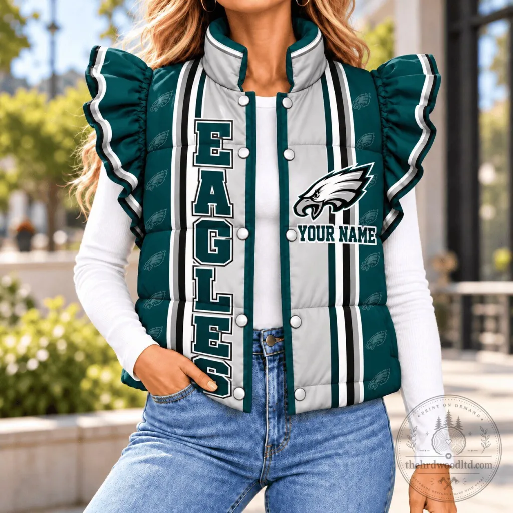Philadelphia Eagles NFL Flying Short Sleeves Puffer Jacket Custom Any Name Philadelphia Eagles NFL Flying Short Sleeves Puffer Jacket Custom Any Name